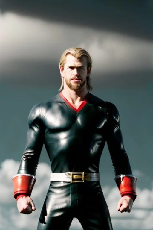 retro portrait image from 1960, sky background, wind, extra long blonde hair, fighting stance, young Chris Hemsworth, clean shave face, black dress, classic long tight lycra black suit, big red cap, silver latex with scales on the arms, gold bracelet and belt, high boots, soft color, highly detailed, unreal engine 5, ray tracing, RTX, lumen lighting, ultra detail, volumetric lighting, 3d, finely drawn, high definition, high resolution.