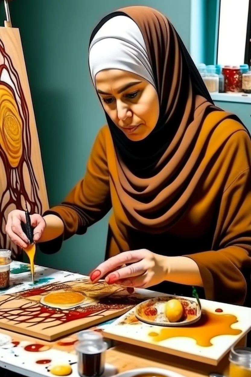 Perempuan berhijab lukis makanan di kanvas