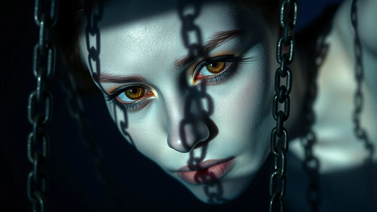 close up pale blue-white face with black shadow dark gold eyes, , void, hyper-realistic detail, floats in deep darkness, deep blue abyss, vertical shadows of chains projected on her face, crepy stunning, dark, surreal vibe with meticulous clean pale skin dark golden eyes, dark shadow