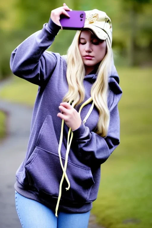 blonde taking selfie.thick thighs,thick calves,flat belly,curvy fell. NOVEL kind of hoodie, form which condescends with integrated bag[SIC]. It is sewed together of camouflage pieces, whose color are all denim colors,cream, brown and purple. Big colored headphones (gold rings!) is merged with small felt cap with small visor. Big bright purple felt tippet and birght-colored-hood is merged with colorful beanie. Inside is orange. Style: 1990's Finland