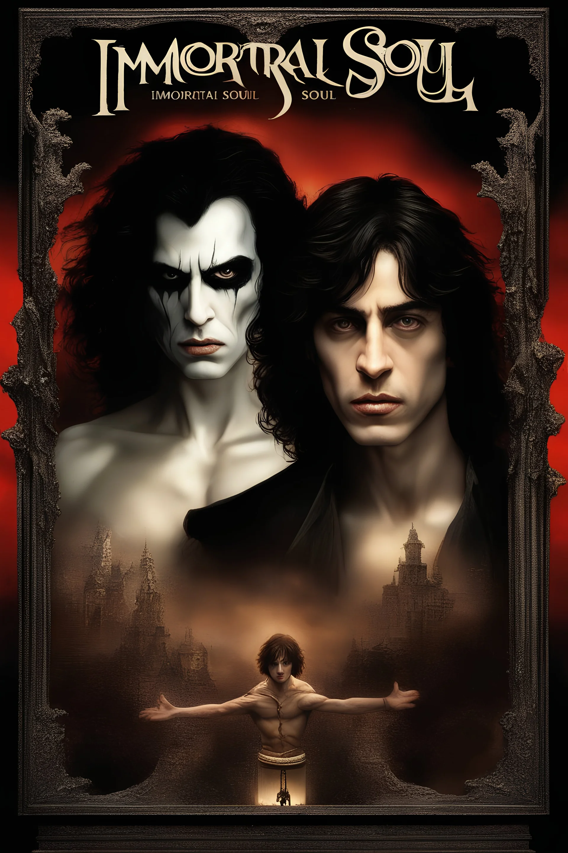 Movie Poster -- "Immortal Soul," Starring Paul Stanley as the evil vampire and Timothee Chalamet as Malcolm Stark - After witnessing the murder of his wife, at the hands of an evil vampire, he vows to avenge her death - in the art style of Boris Vallejo, Frank Frazetta, Julie bell, Caravaggio, Rembrandt, Michelangelo, Picasso, Gilbert Stuart, Gerald Brom, Thomas Kinkade, Neal Adams, Jim Lee, Sanjulian, Thomas Kinkade, Jim Lee,