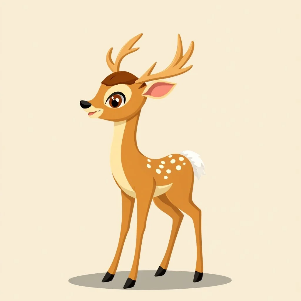 full body of a bald white tail deer with antlers, standing with big smile facing the left and big eyes looking to the left , on flat background, in the style of 'My Little Pony' and Bambi