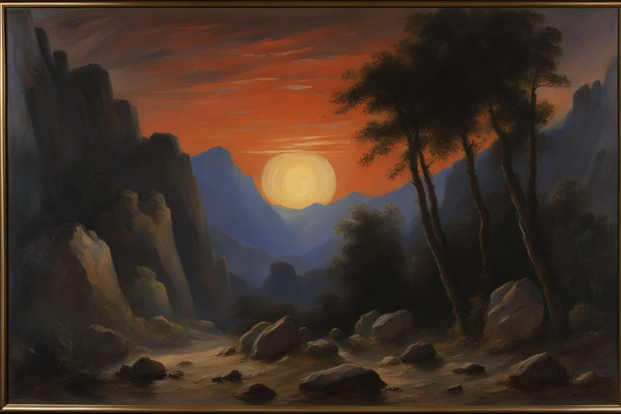 Night, trees, mountains, rocks, friedrich eckenfelder and rodolphe wytsman impressionism paintings