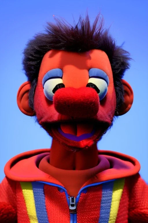 Waist up muppet Portrait, Nicolas maduro us muppet doll, tracksuit red blue and yellow, mustache, photo studio, red background, unreal engine 5, concept art, art station, ray tracing, lumen lighting, ultra detail, volumetric lighting, 3d.