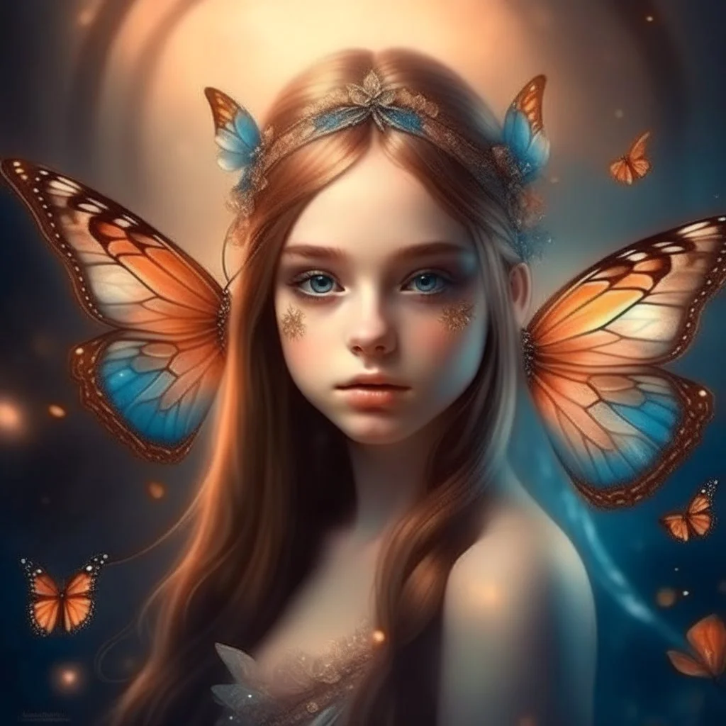 A beautiful young girl in the form of a butterfly flying , a wonderful fantasy scene, attractive and eye-catching, with a distinctive royal character.