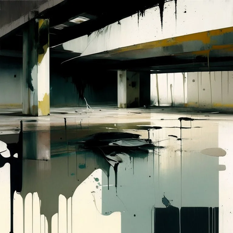 Empty Minimal contemporary abstract flat landscape painting. Concrete carpark. Big brushstrokes. Twisted bodies. Drips of paint. style of Justin Mortimer and Adrian Ghenie.