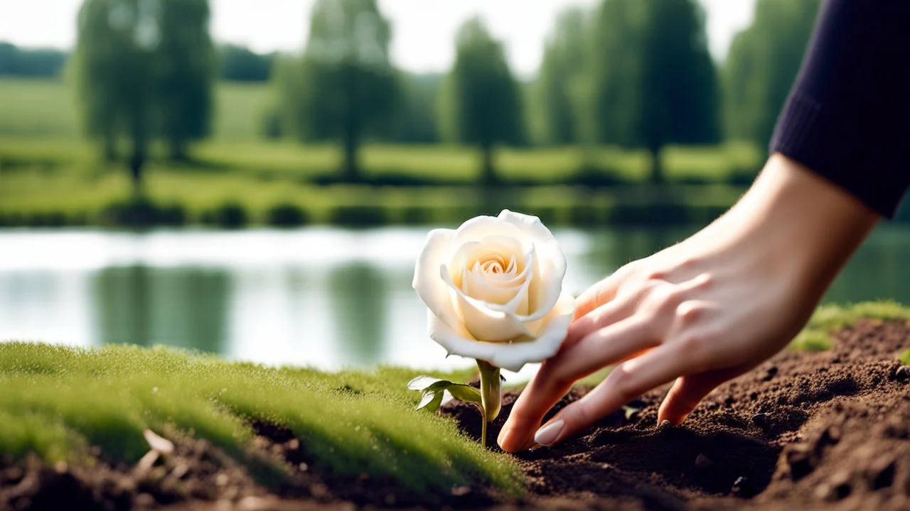 a young woman's hand planted a white rose stem in the ground, in the background a lake, some green trees, ultra detailed, sharp focus, perfect hands, perfect photo