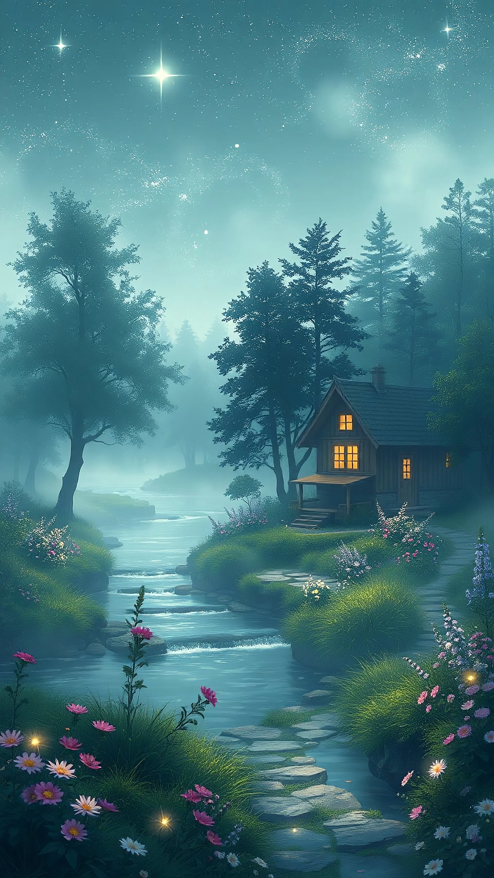 white glowing wallpaper, outside, a small cottage, river, trees, flowers, stars, fog, glowing particles, ghibli anime style