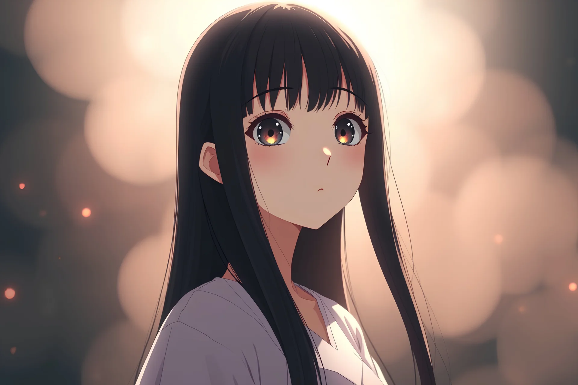 Simplistic 3d Anime, cgi generated manga, RTX on, full body shot of ethereal japanese girl with oversized bright eyes, tiny nose, minimal shadows, long straight black hair, ultra realistic, uhd, dramatic background: dramatical sci-fi background in fog with particle lighting