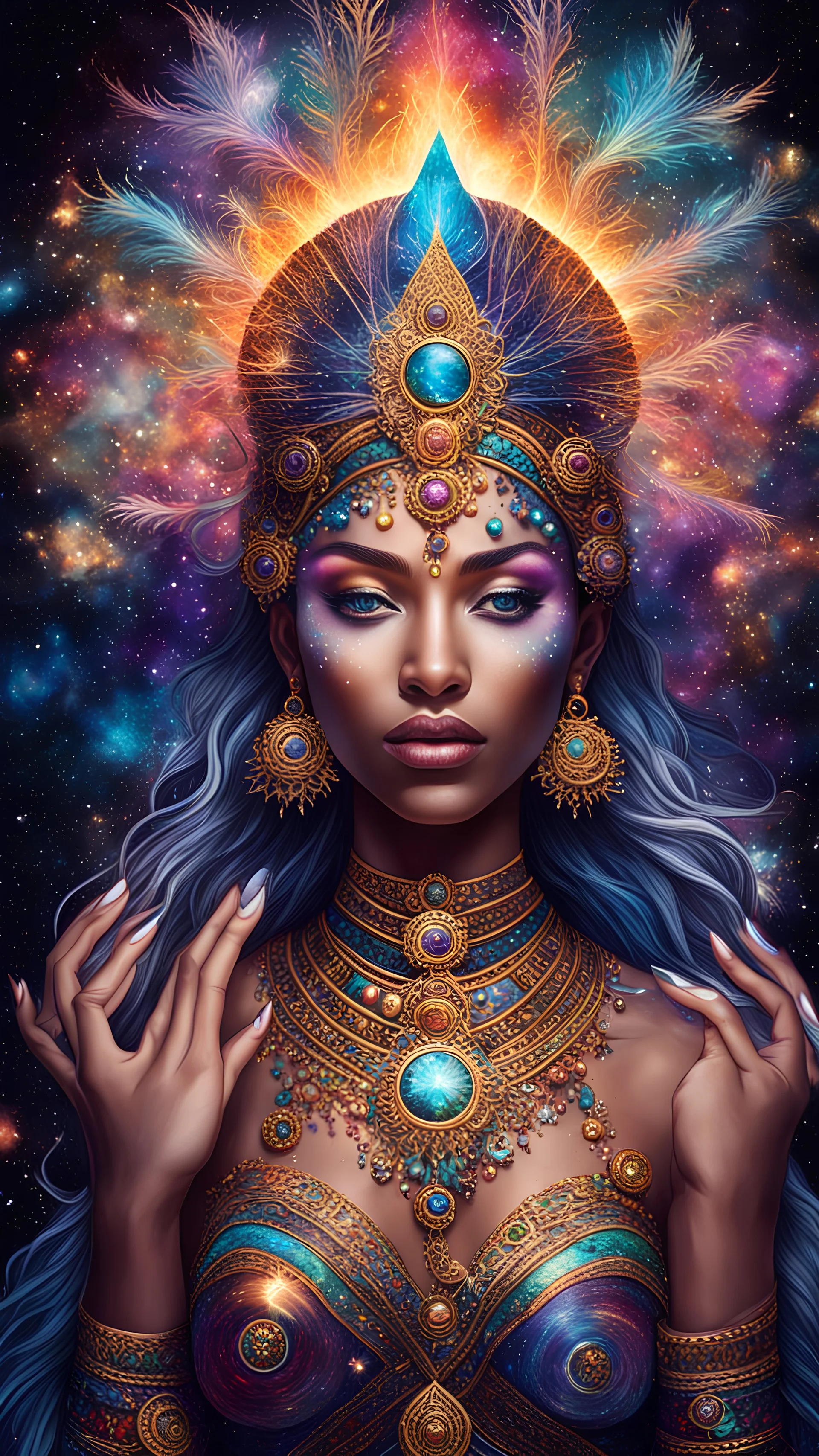 an image of a celestial goddessand cosmic energy emanating from her fingertips. Use intricate details to create a cosmic headdress and incorporate vivid colors to represent the vastness of the universe