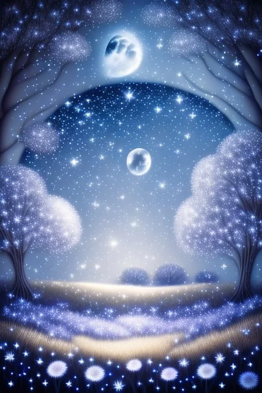 a background of softly blended blues, greys, silvers, and whites with distant, twinkling stars in the sky, an a spherical serene moon, casting a soft glow of light on a foreground of a field of various flowers surrounding a tree of life