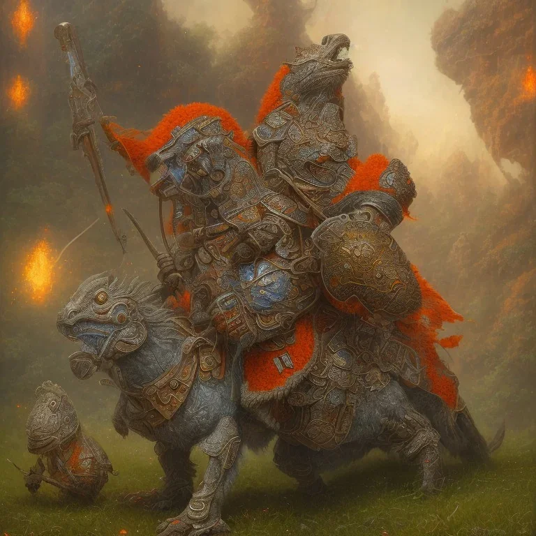 angry bronco in orange and blue battle armor, bucking, a highly detailed illustration, background of Inka jungle, realistic render, 8 k, micro detail, intricate, elegant, centered, digital painting, Artstation, smooth, sharp focus, illustration, artgerm, tomasz alen kopera, peter mohrbacher, donato giancola, joseph christian leyendecker, wlop, boris vallejo