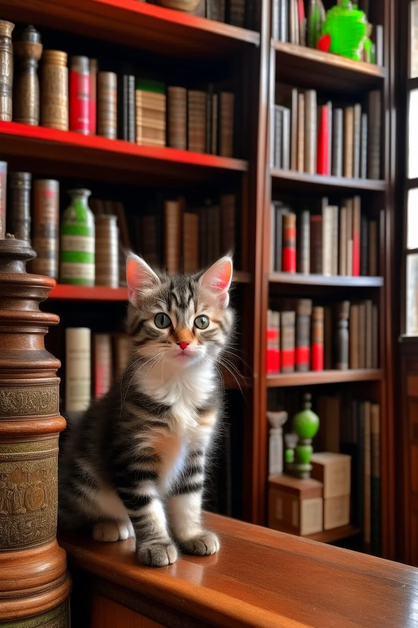 Kitten in apothecary with bookshelf in background