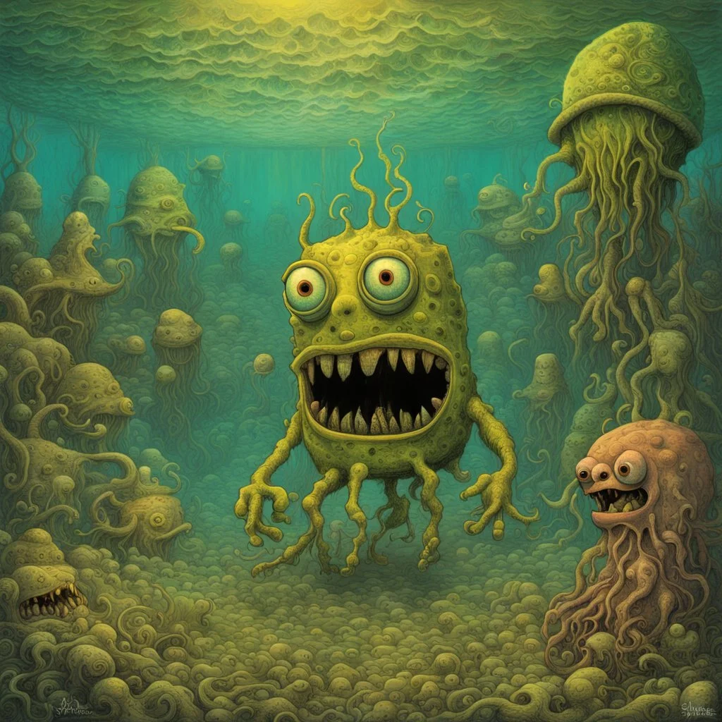 Surreal mutant decayed SpongeBob Squarepants monstrosity, 'he lives in a nightmare under the sea', alternate zombie SpongeBob, by Zdzislaw Beksinski, by Jack Davis, by Jack Yerka, sinister unnatural comix underwater landscape, horror art, creepy eerie dystopian.