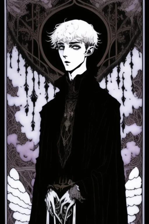 17 year old boy, necromancer, friendly, looks dead, surrounded by weird smoke with eyes, wearing black robes, in the style of Harry Clarke