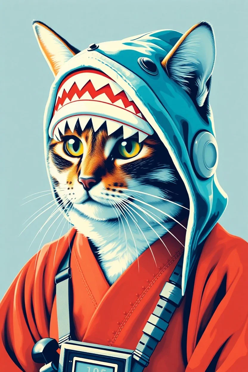 cat with shark mask hat solana starwars droid japanese style in the style of warhol