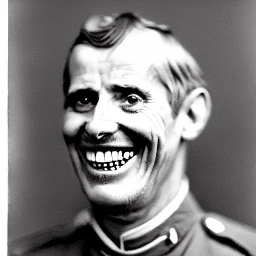 a portrait of a mentally ill man with a few teeth, smiling
