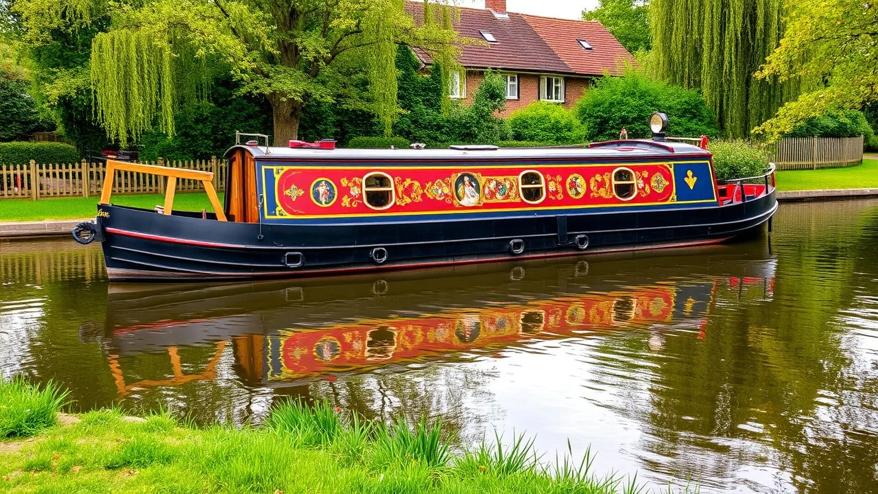 Historic traditional English canal barge, long boat on an English canal. The boat is beautifully painted in an ornate, colourful traditional style. Award-winning colour photograph.