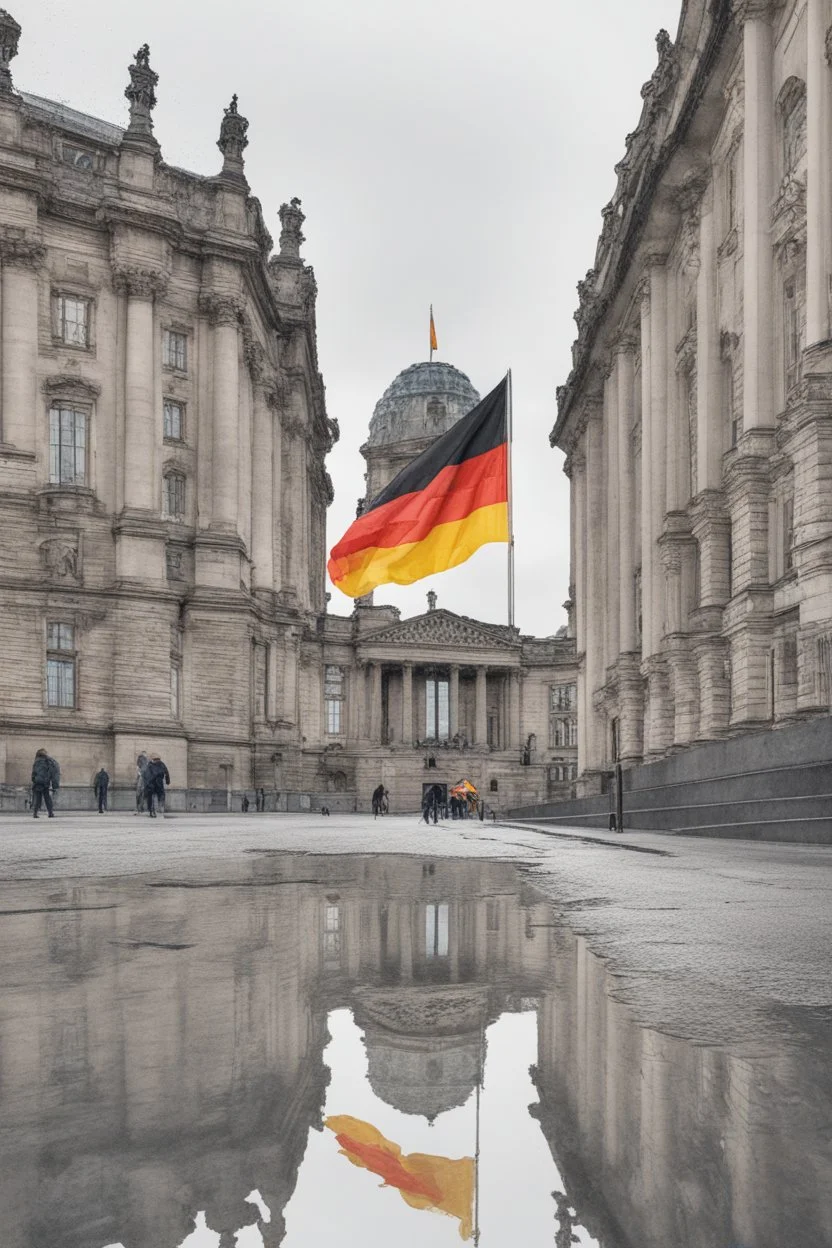 Typical Germany, Reichstag architecture, one small German flag hanging on the facade of the building. People on the street are reflected in a puddle on the asphalt. Watercolor style. 8k quality