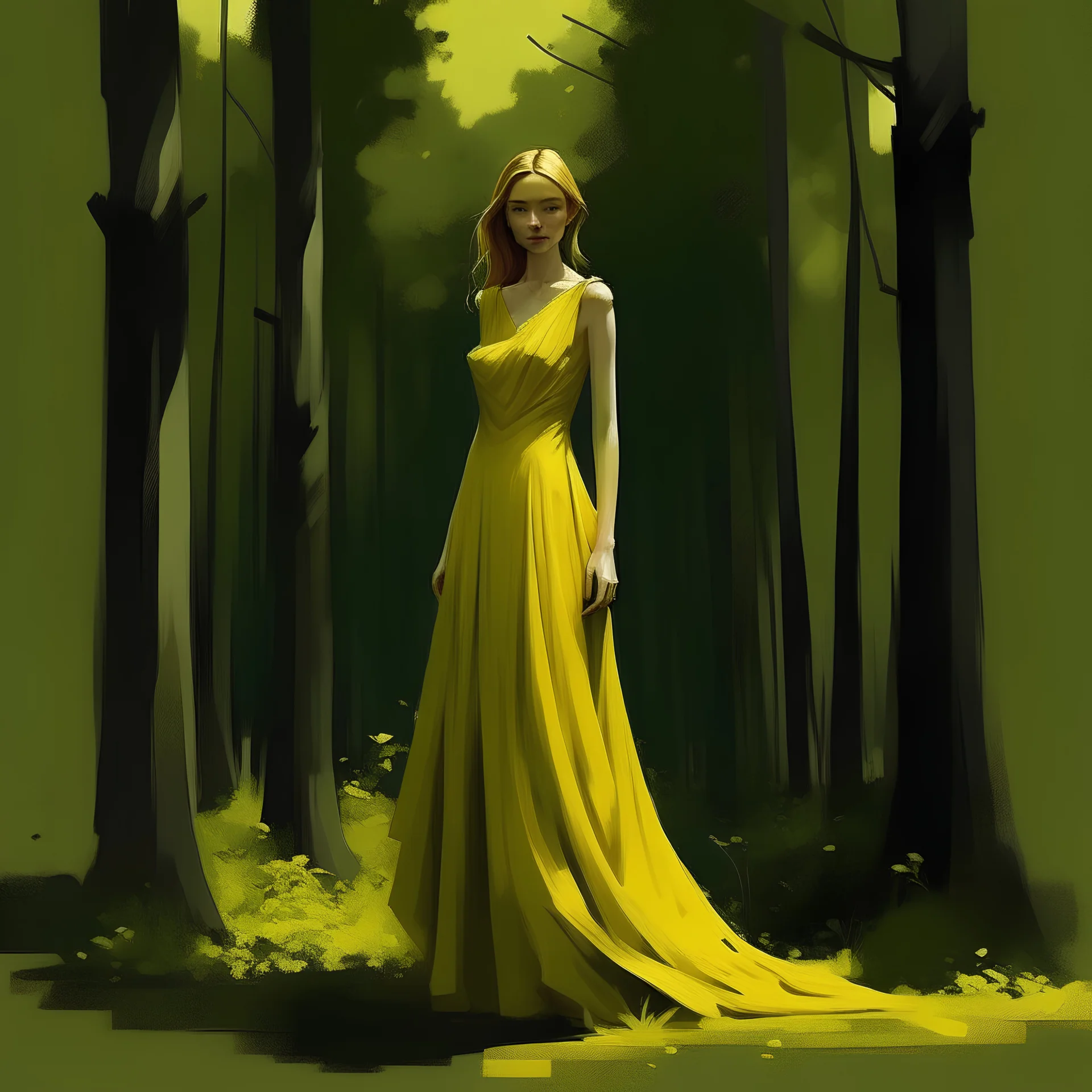 A digital art of a 20-year-old tall woman in the forest. She wears yellow prom dress.