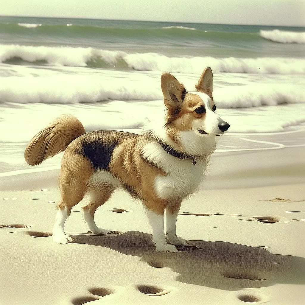 A vintage photo of a corgi on a beach