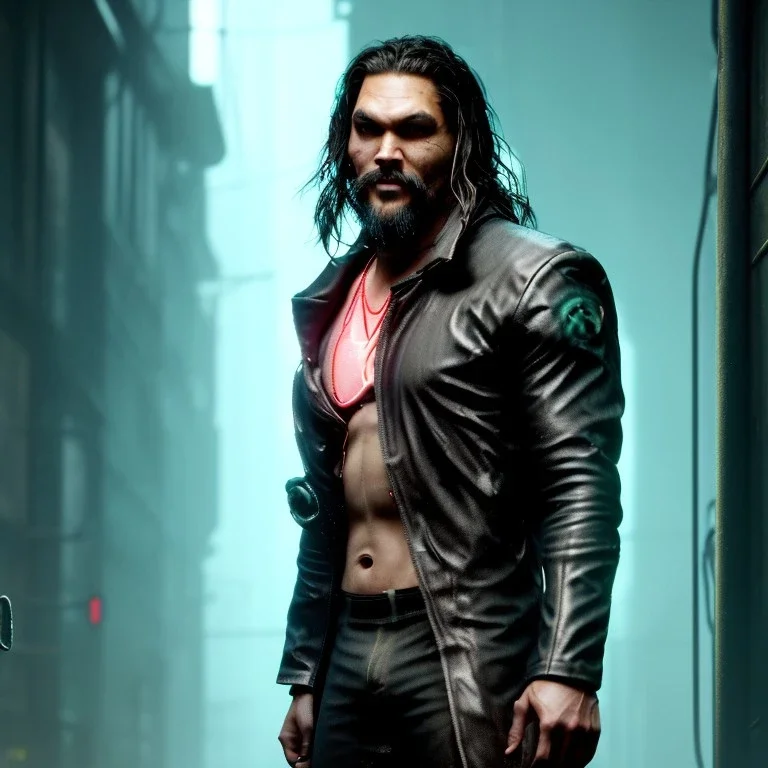 Actor, jason momoa, blade runner style, rain, fog, neon ambient, gradient color, clean skin, circuits, latex coat, cyber punk, neon, tubes, portrait, photo studio, unreal engine 5, smooth color, 16 bit, god lights, ray tracing, RTX, lumen lighting, ultra deatail, volumetric lighting, 3d, finely drawn, hd.