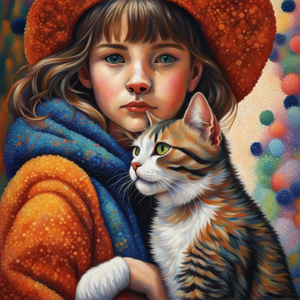 A girl and her cat inspirational styles - Pointillism, Realism and Fauvism