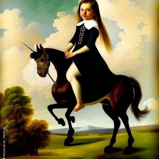 Retrato de una niña muy guapa llamada Eira Santiago Arnau montando un unicornio verde con el estilo de Diego Velázquez