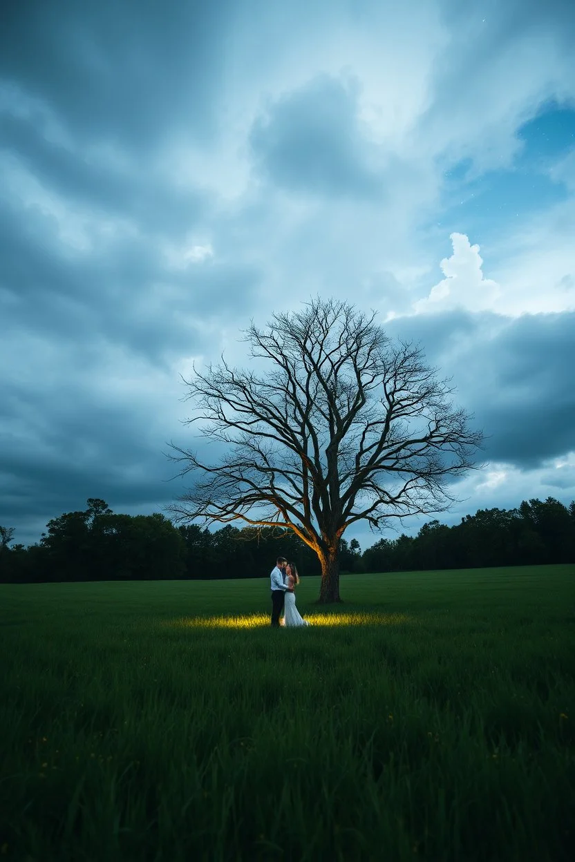 The Green Grass field of gold sting song under a beautiful stormy sky and cloudy sky in the beautiful stary night .A big Tree with no leaves standing in the middle , a couple hugging each other in romantic theme under the tree