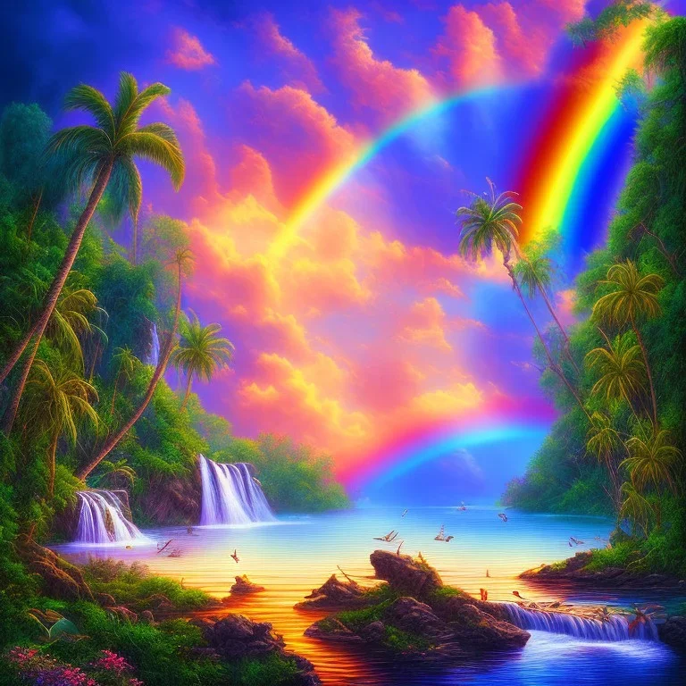  island waterfall palms twigs spring sunset rainbow bridge birds