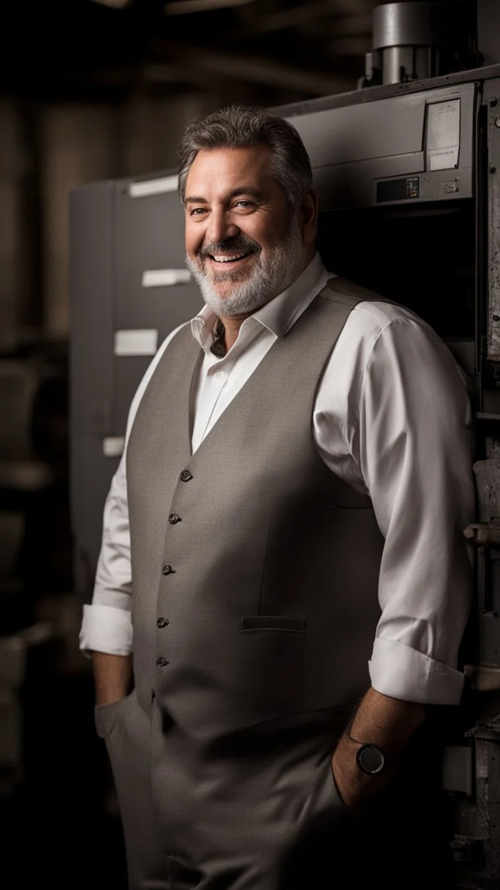 full figure shot photography of an italian smiling strong massive big chubby 50 year old man in smart gray suit, manly chest, unbuttoned shirt, short beard, shirtless, printer in an old printing house, next to a huge old printer, dim light, side light, ambient occlusion