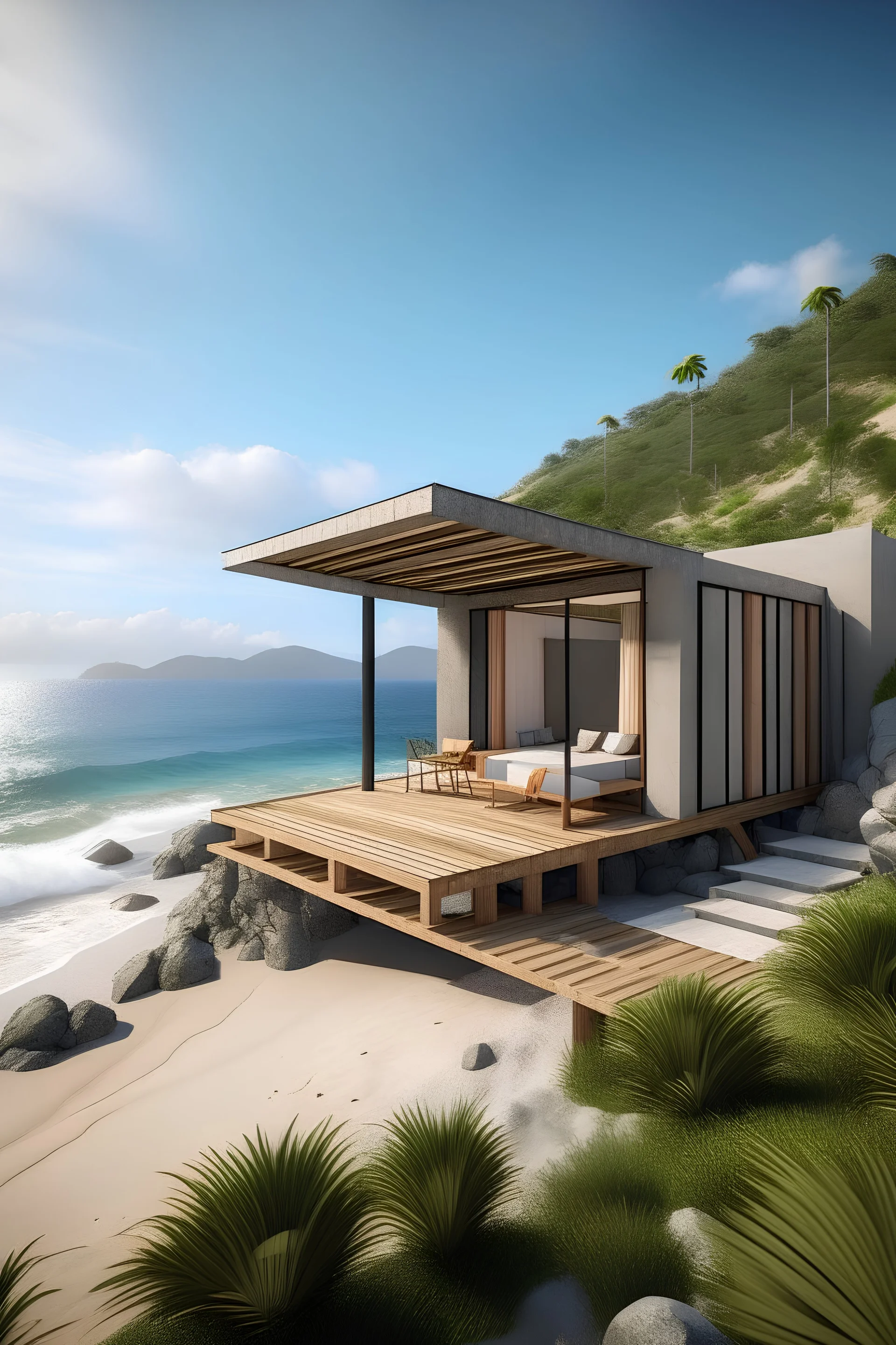 Casa de playa pequeña de una planta moderna y con un diseño amigable con el paisaje, en una montaña con vista al mar, que tenga vibras relajantes , donde se pueda hacer yoga, hacer una fogata. con una tina