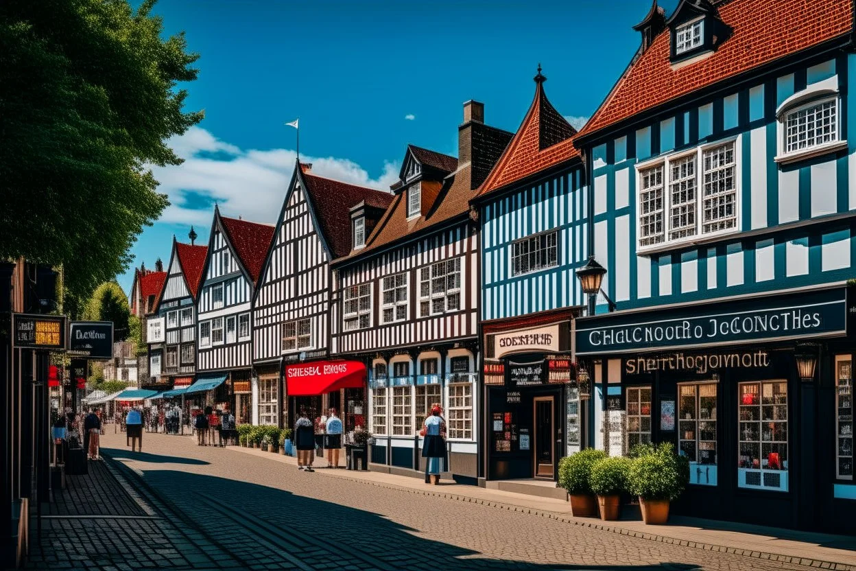 Old English Tudor Street with shops, signs, bridges, and people, sunny day.