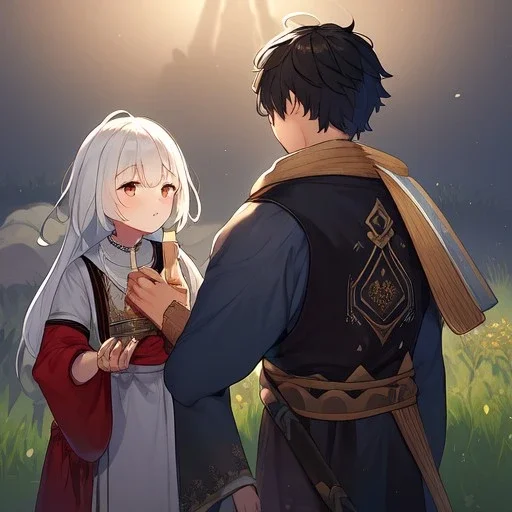 Girl with white hair. Boy with black hair wearing peasant clothes. Fields path background