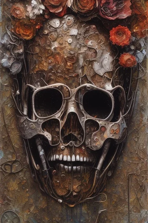 an abstract painting of rusted metal and flowers, by anselm kiefer and lucian freud, rust, scaffolding, iron cladding, decay, mixed media, textured, anatomically correct, beautiful perfect face, sharp focus, highly detailed