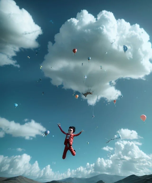 Ultra realistic thriller sky scene, portrait, Childs free jumping flying with trinkets, smile, happy, Wes Anderson style, inflatable color clothing, wind, clouds, 10,000 feet altitude, stratosphere, soft color, highly detailed, unreal engine 5, ray tracing, RTX, lumen lighting, ultra detail, volumetric lighting, 3d, finely drawn, high definition, high resolution.