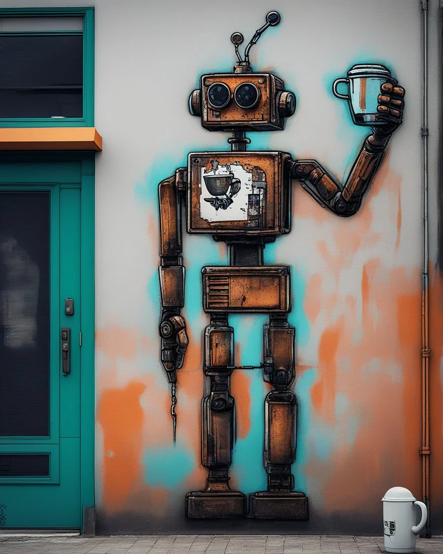 an arafed graffiti robot drinking coffee on the wall of a building, rolands zilvinskis 3d render art, dystopian grunge, trending on unsplash, steam punk grafitti, hyper realistic digital art, sticker art, disco elysium style, pexels, neoexpressionist, behance art, gritty background, solarpunk, oilpunk, unsplash transparent, to be or not to be, scrap metal on workbenches, infinite regression, interconnected human lifeforms, symbolic mural, album cover artwork, (((heavy whimsical))) vibes