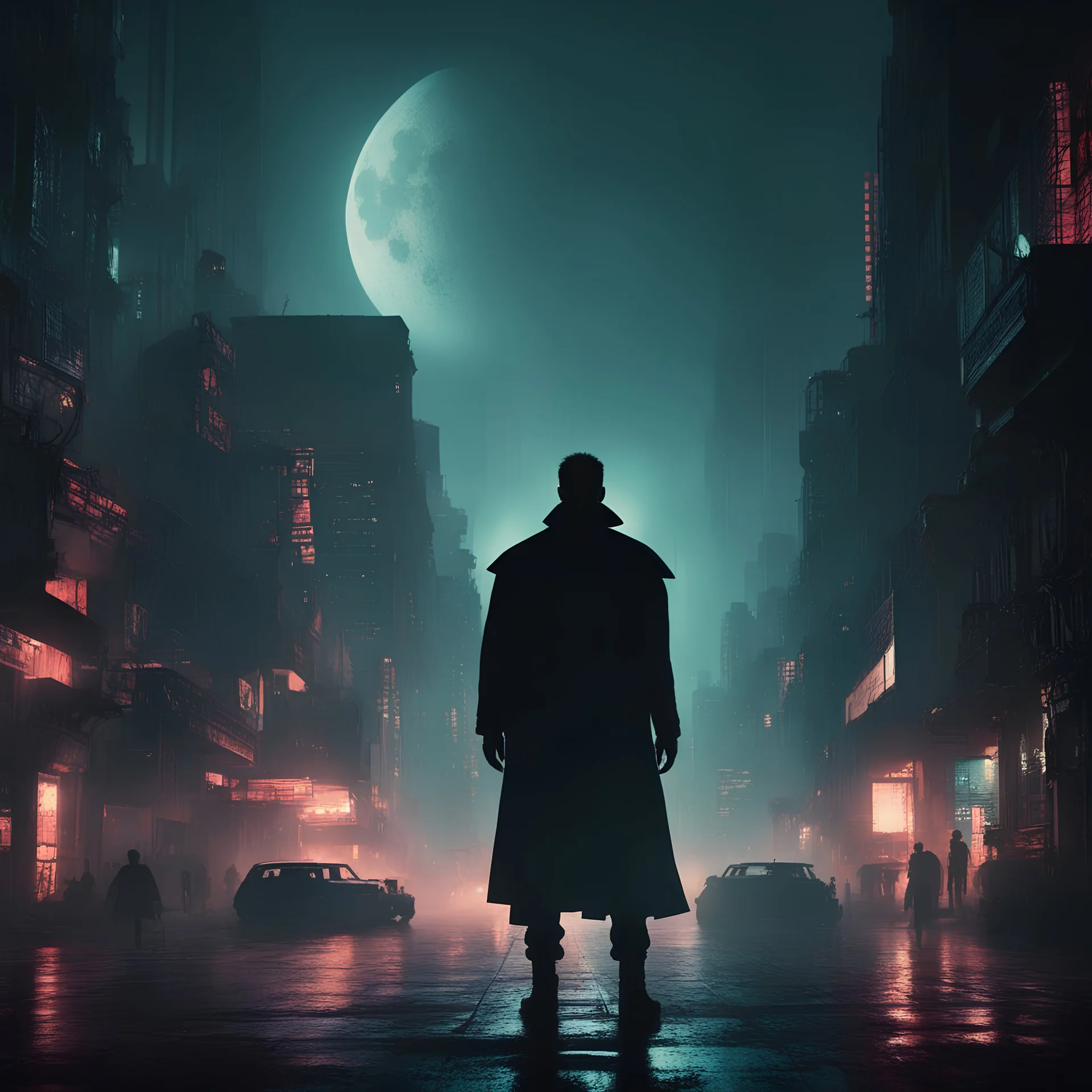 Deckard's dream. blade runner like. scene set in a dystopian city. Dark Silhouette of a man on foreground seen from behind in the center of the scene . Night scene moon visible. Dimmed colors. Grim athmosphere