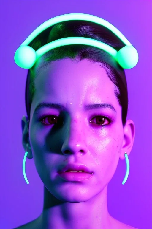 Ultra Realistic image, Rosalía artist, waist up portrait, black eye line, sweet angry face, spray line make up, geometric, neon, rings piercing, led ornament, bubble latex coat, cold, led lights, pop style, vibrant color, highly detailed, art stations, concept art, smooth, unreal engine 5, god rays, ray tracing, RTX, lumen lighting, ultra detail, volumetric lighting, 3d, finely drawn, high definition, high resolution.