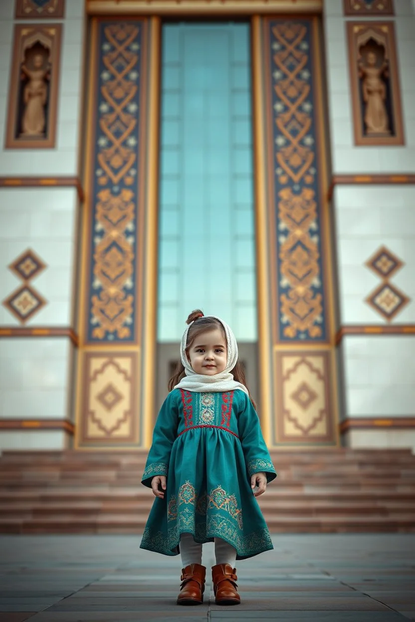 a little girl that is standing in front of a building, a picture, arabesque, !8k!, kazakh, insanely cute, amazing cgi, kurdistan, adorable outfit