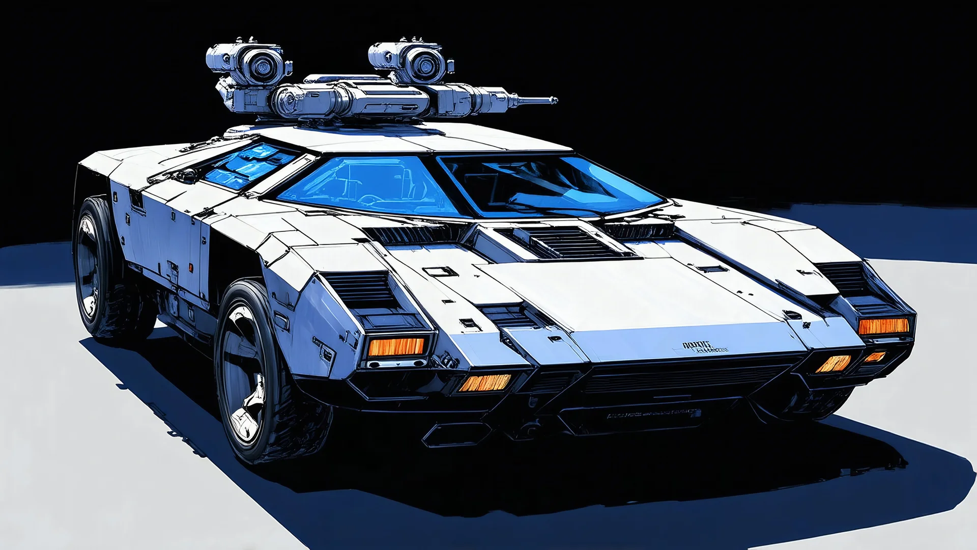 Highly detailed realistic painting of a futuristic armored car, designed by Syd Mead and Masamune Shirow, (long shot), sleek and powerful design, intricate details such as weapons and technology, vibrant studio lighting, concept art.