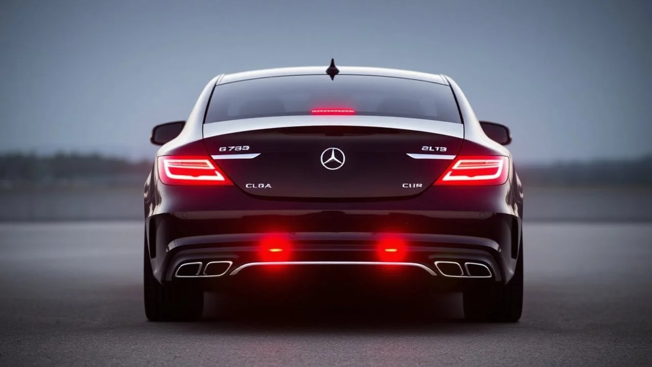 Full image of the rear view of a black Mercedes-Benz CLS with lights on