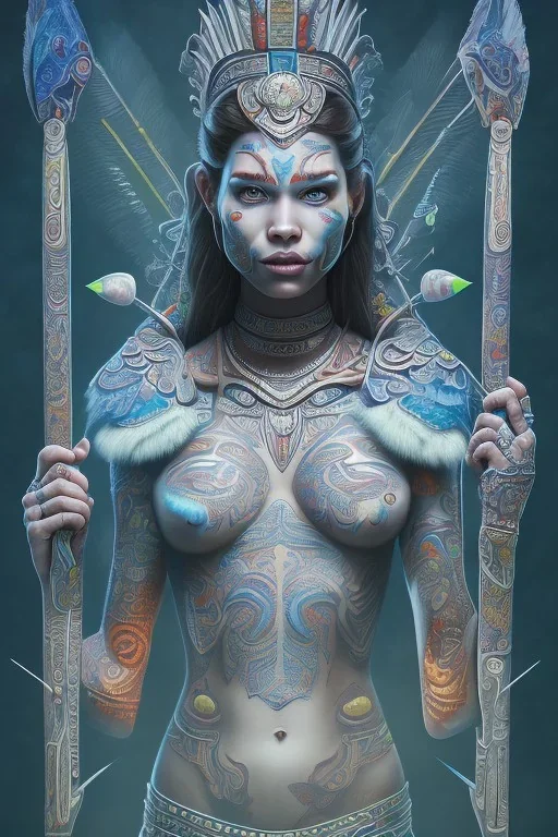  Photorealistic painting Portrait voluptuous female Maori Chief iron maiden rainbow Maori tribal tattoos, bow with arrows, full detail, 8k Neko Erokawa, style of Zootopia