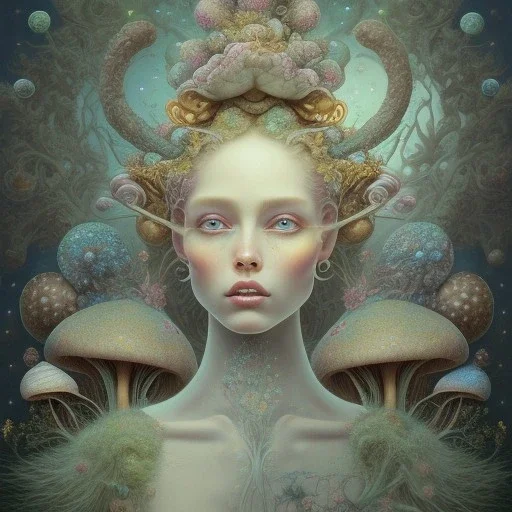 Beautiful rococo mushroom fairy, detailed eyes, realistic features, hq, fungi, celestial, moon, galaxy, stars, by Salvador Dalí, giger, Hieronymus Bosch, victo ngai, fungi, celestial, Ryan Hewett