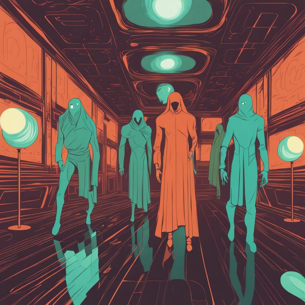 ghostly wraiths and incandescent smoky phantoms in a hall with broken mirrors in retro-scifi colors