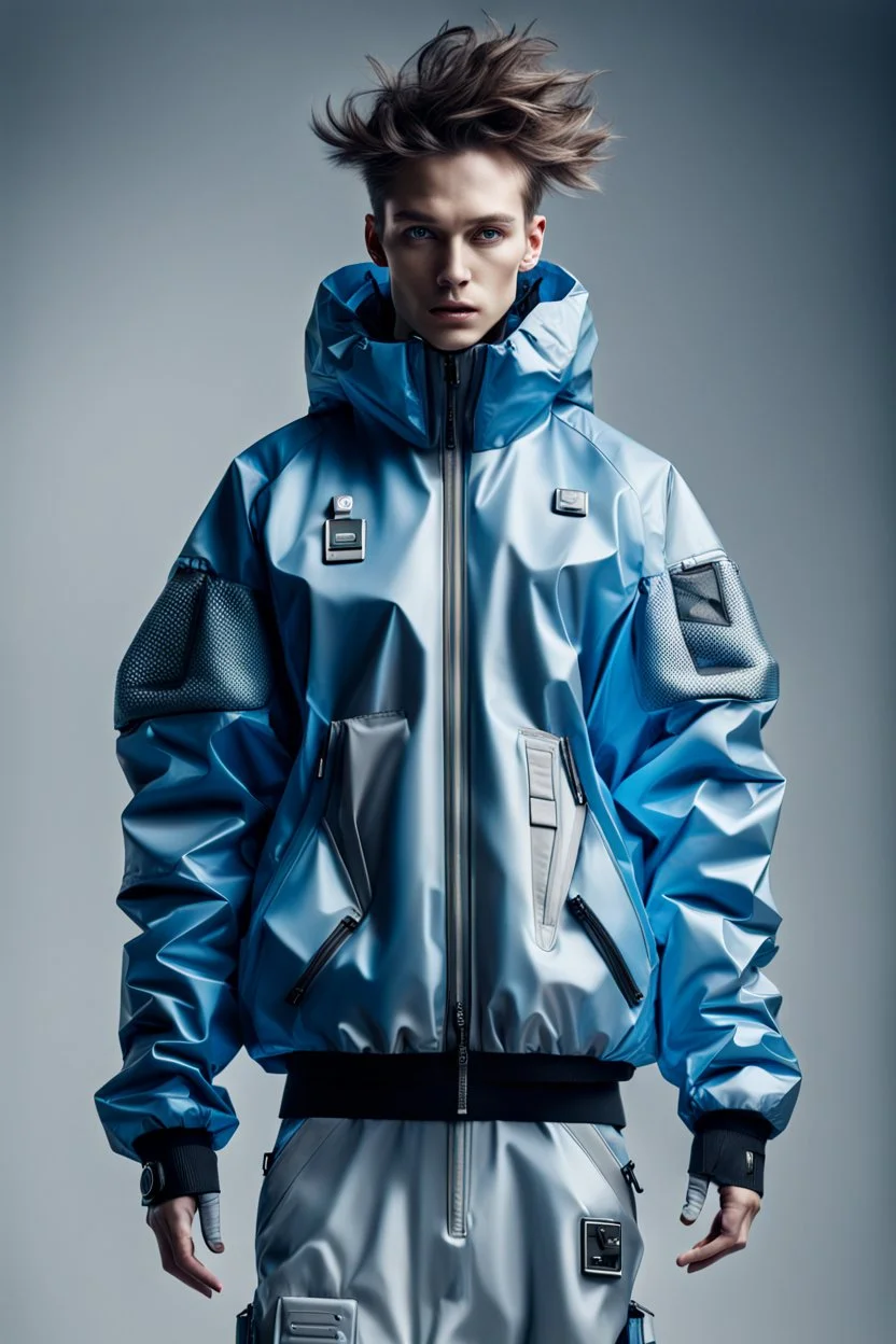 Hyper-detailed photography, A revolutionary cyborg robot is modelling a windbreaker jacket, full body visible, focus on the high-end material, limited edition, matte finish, puffed up air pockets, cinematic effect ,smart focus, 12k