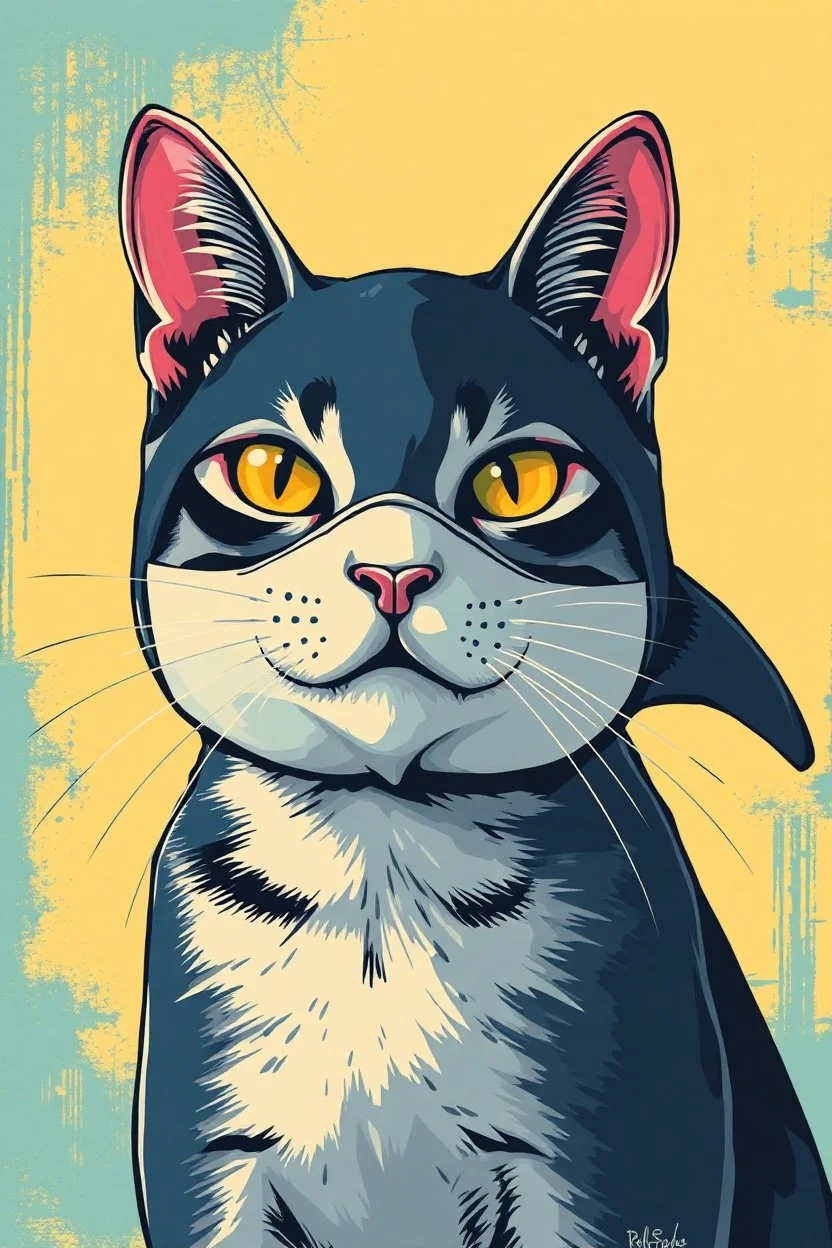 shark cat with shark mask solana japanese style in the style of warhol