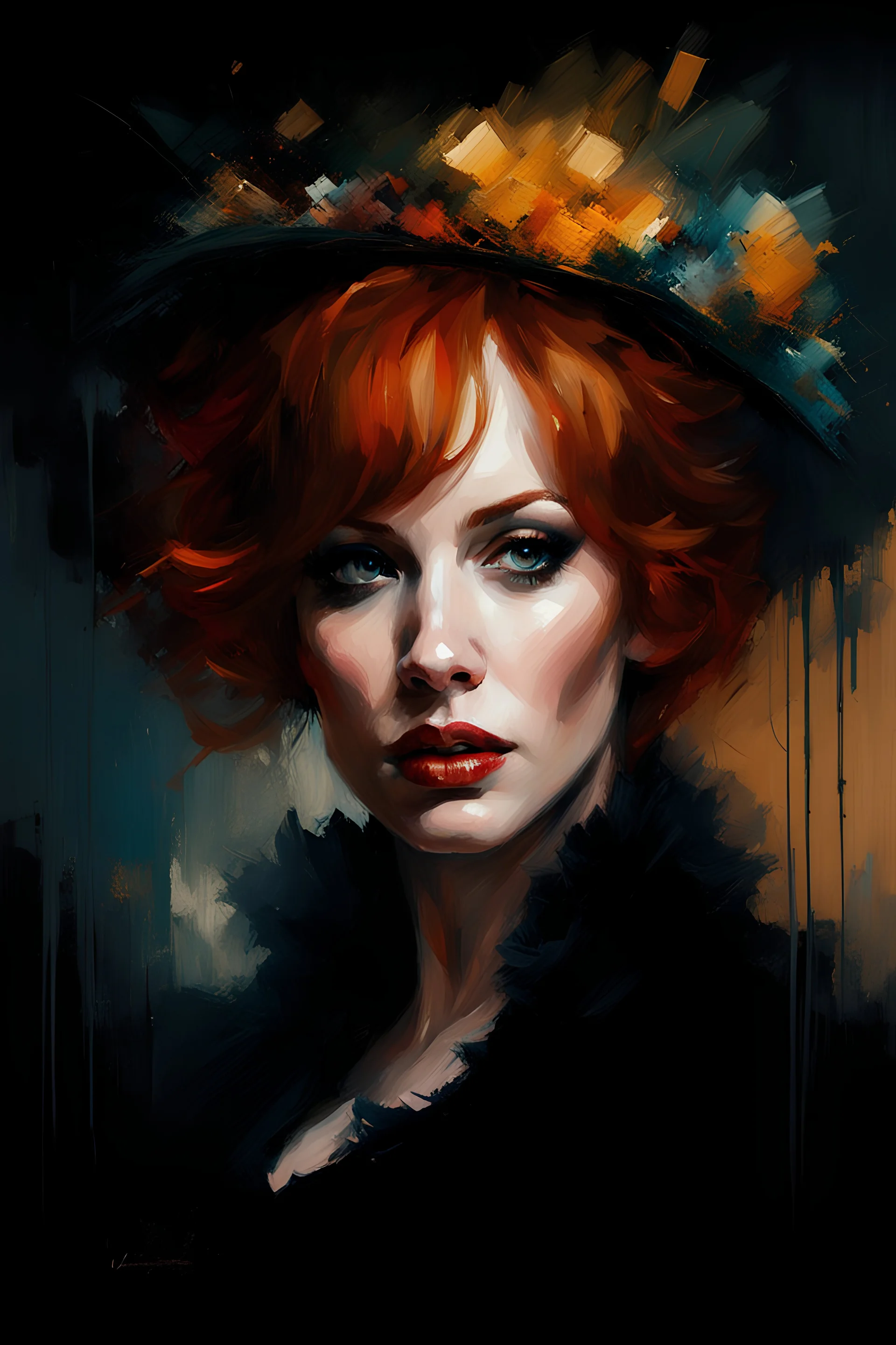 christina hendricks in a teddy :: dark mysterious esoteric atmosphere :: digital matt painting with rough paint strokes by Jeremy Mann + Carne Griffiths + Leonid Afremov, black canvas