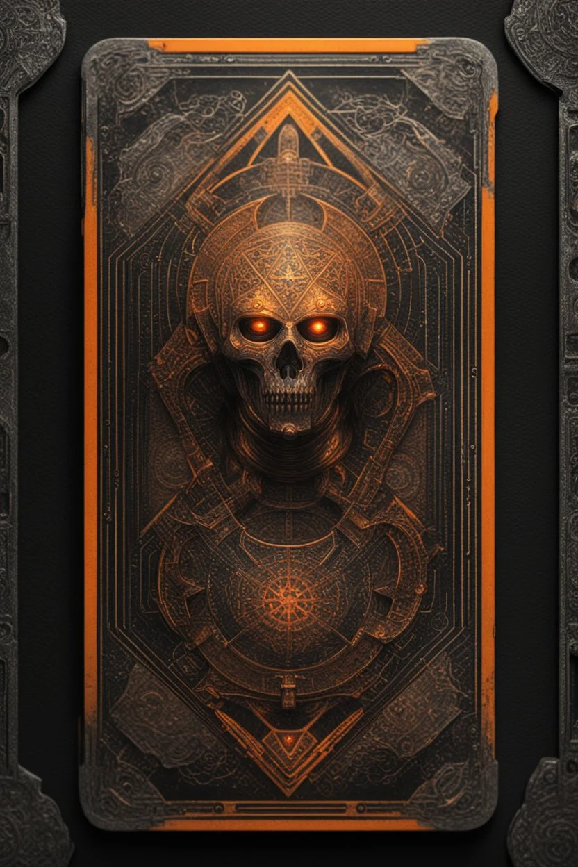 sacred geometry framed playing card, black and orange hellraiser conquistador with shadows boss card in the style of Giger and fallout 4 ,,bokeh like f/0.8, tilt-shift lens 8k, high detail, smooth render, down-light, unreal engine