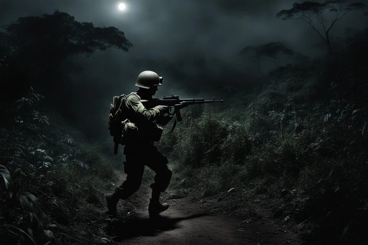 Spectral ghost of a headless soldier carrying a Thompson machine gun through the Congo at night